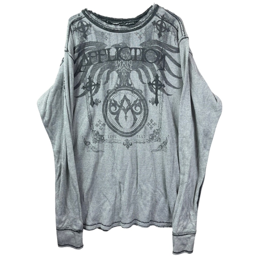 Affliction Graphic Raw Hem Long Sleeve Thermal Shirt Mens 3XL Gray Y2K